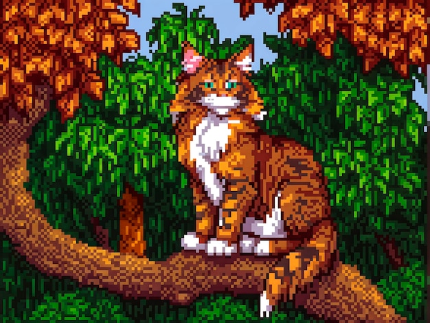 Pixel art style scene with adorable pet cat