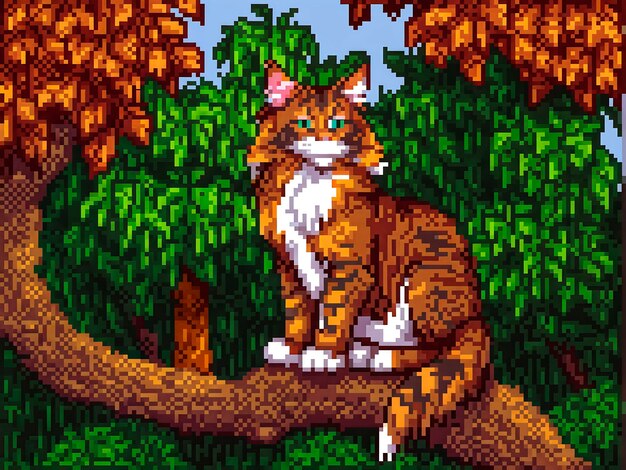 Pixel art style scene with adorable pet cat