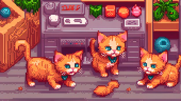 Pixel art style scene with adorable pet cat