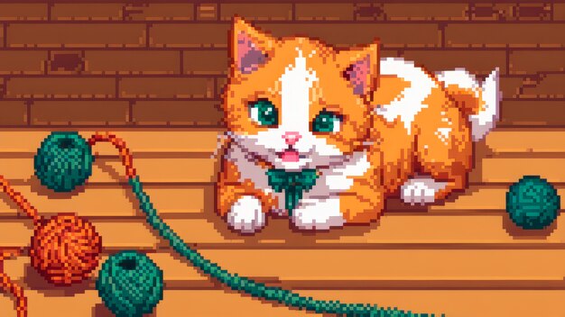 Pixel art style scene with adorable pet cat