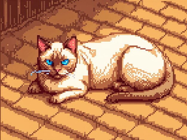 Pixel art style scene with adorable pet cat