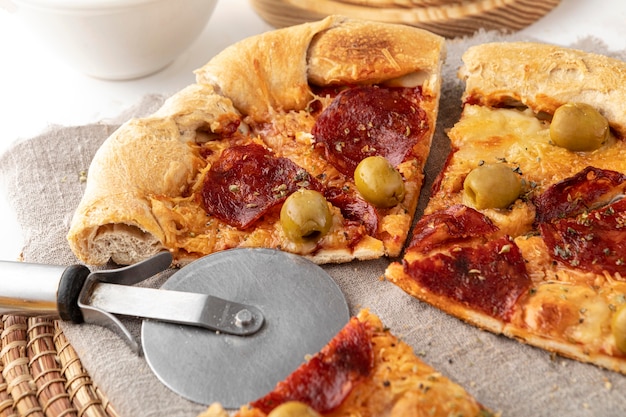 Pizza sliced on table