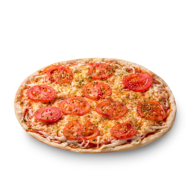 Pizza with cheese and tomato isolated on white background. Pizza margarita top view. Photo for the menu