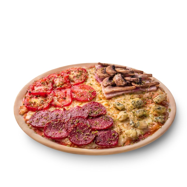 Pizza with pepperoni, champignons, tomato and cheese. Four tastes in one pizza on white background. Photo for the menu