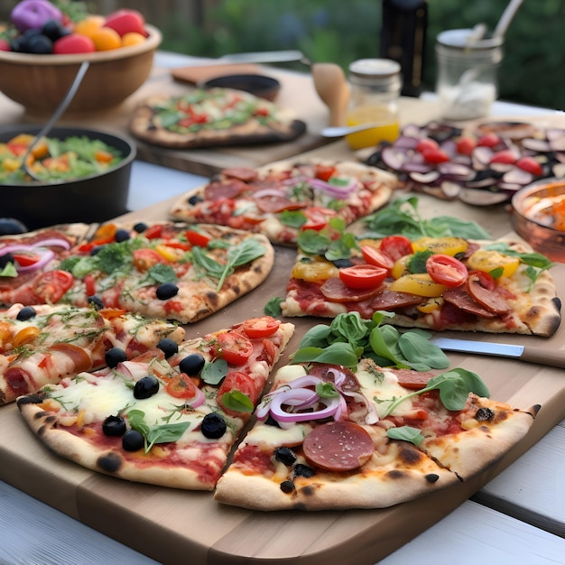 Free photo pizza with tomatoes olives and mozzarella on a wooden table