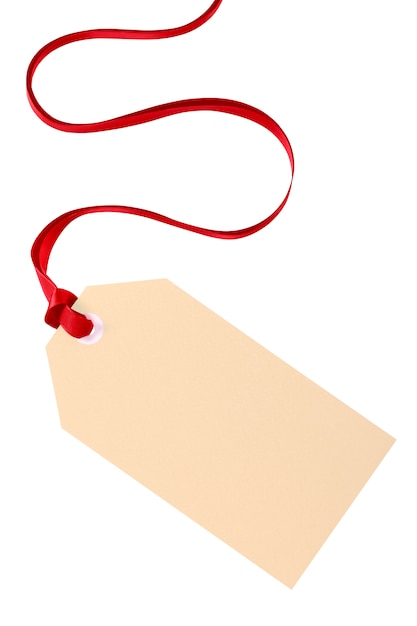 Free photo plain gift tag with red ribbon isolated on white background