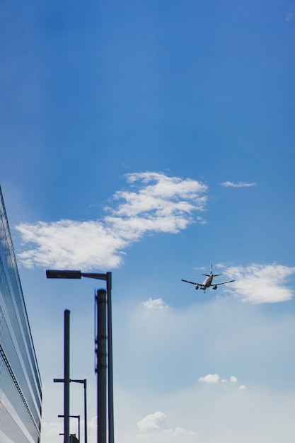 Free photo the plane is flying in the blue sky