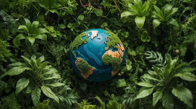 Planet earth globe surrounded by vegetation and nature