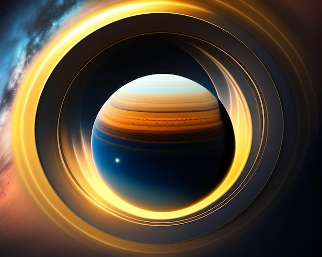 Free Photo a planet in a ring with the sun shining through it