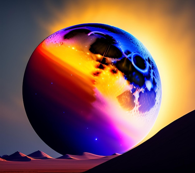 Free photo a planet with a colorful sky and a planet with a moon in the background.