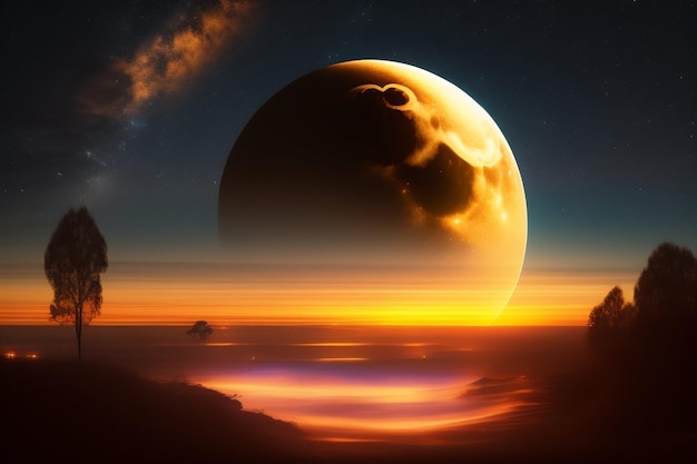 A planet with a moon in the sky