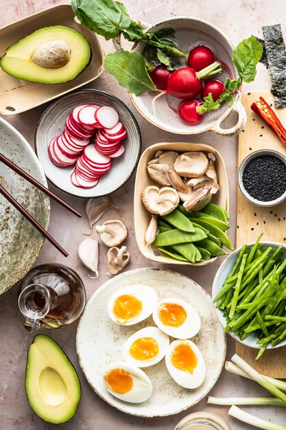 Free Photo plant-based meal with egg and vegetables flat lay photography