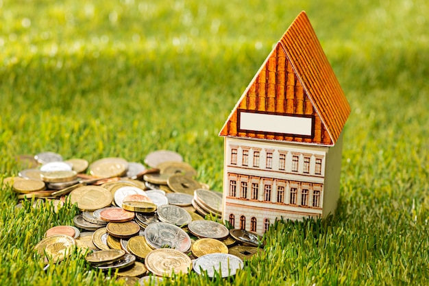 Plant growing in Coins glass jar for money on green grass