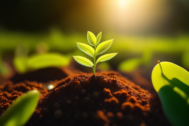 A plant growing in the soil with the sun shining on it.