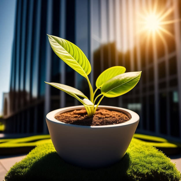 Free Photo a plant in a pot with the sun shining behind it