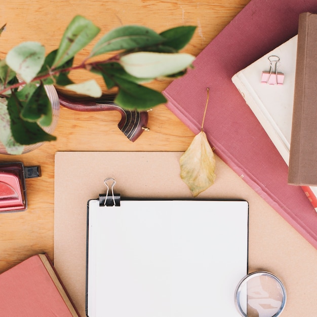 Plant twig over table with notebooks