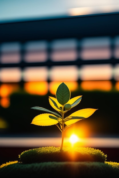 A plant with the sun setting behind it