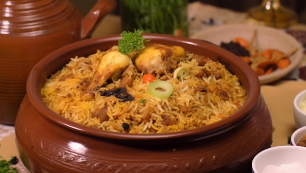 Free Photo a plate of biryani with a bowl of chicken and vegetables