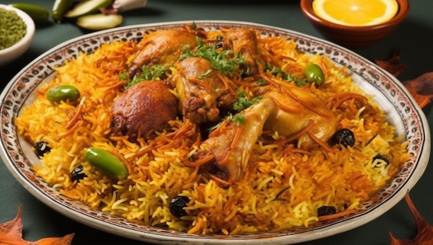 Free Photo a plate of biryani with a bowl of rice and a bowl of food on the table.