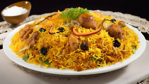 A plate of biryani with a bunch of food on it