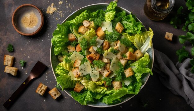 A plate of caesar salad with chicken on it