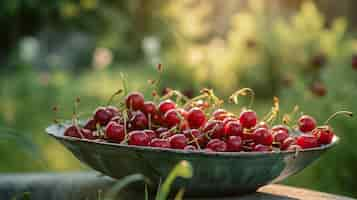 Free photo a plate of cherries in the garden