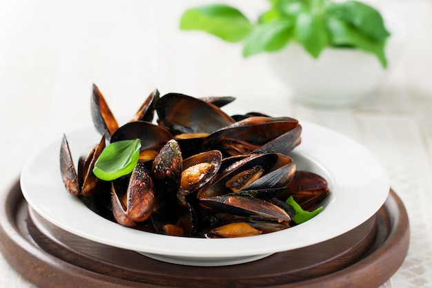 Plate of cooked clams with green leaves