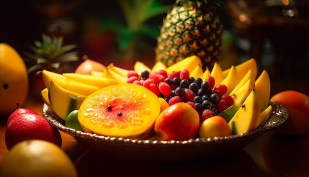 Free photo a plate of fruit with a fruit background