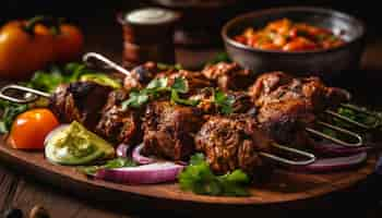 Free photo a plate of lamb kebabs with vegetables and a bowl of red sauce