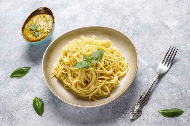 Plate of pasta with homemade pesto sauce.