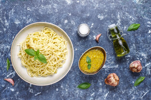 Plate of pasta with homemade pesto sauce.