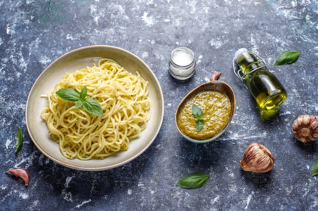 Plate of pasta with homemade pesto sauce.