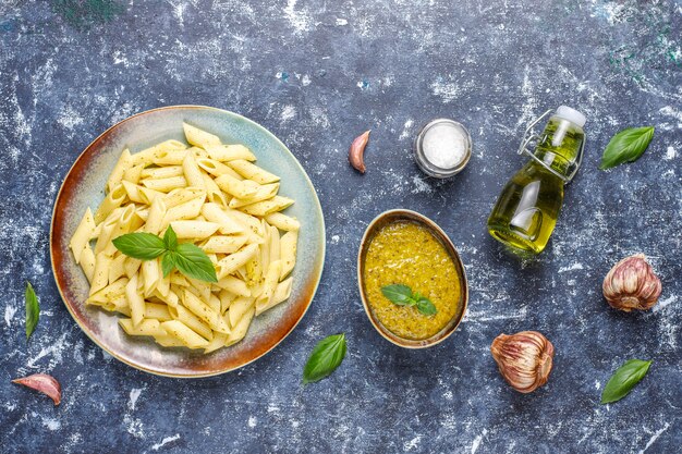 Plate of pasta with homemade pesto sauce.