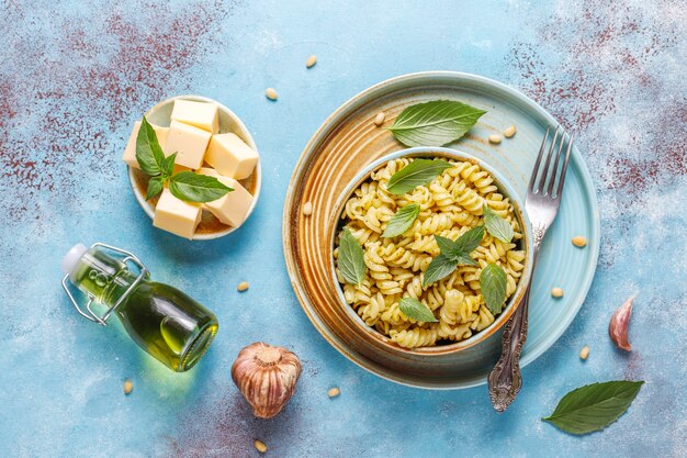 Plate of pasta with homemade pesto sauce.