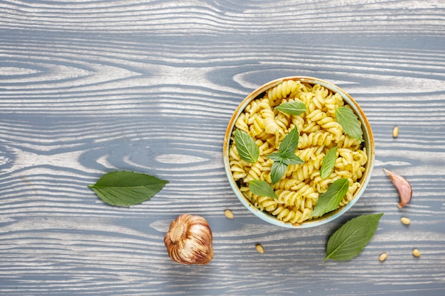 Plate of pasta with homemade pesto sauce.