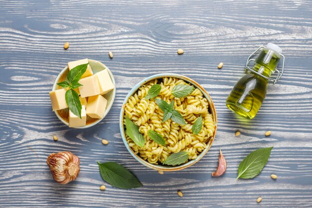 Plate of pasta with homemade pesto sauce.