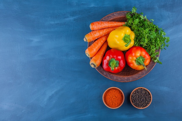 Plate of various fresh ripe vegetables on blue table.