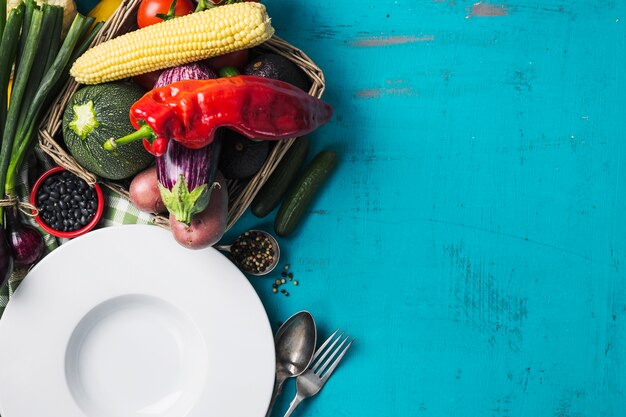 Plate and vegetables in basket