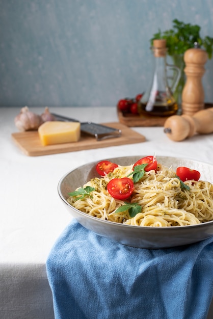 Plate with delicious italian pasta dish