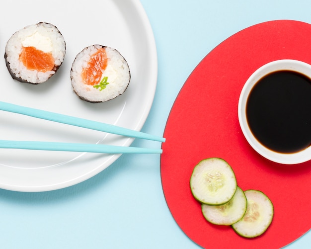 Plate with fresh sushi rolls