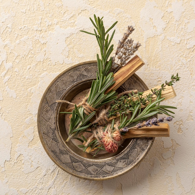 Plate with incense plant with leaves