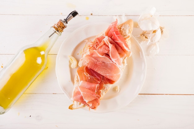 Plate with meat sandwich on kitchen desktop