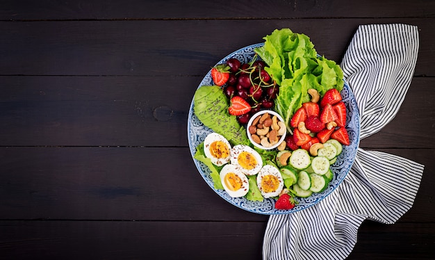 Plate with a paleo diet food. Boiled eggs, avocado, cucumber, nuts, cherry and strawberries. Paleo breakfast. Top view