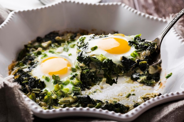 Plate with spinach and egss close-up