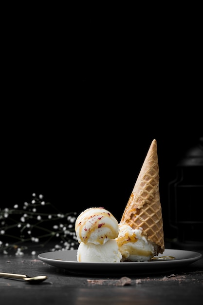 Plate with vanilla ice cream and cone