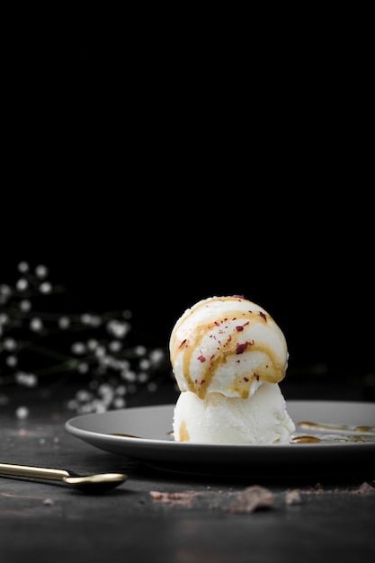 Plate with vanilla ice cream scoops on table