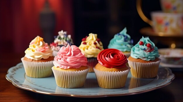 Plateau with sweet cupcake desserts with frosting on top