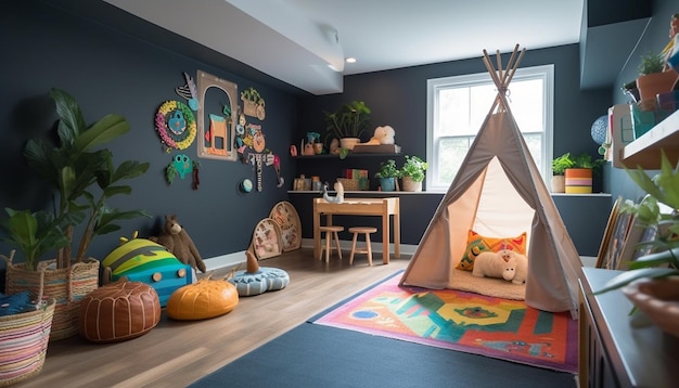 Playful child creates cute playroom with creativity generated by AI