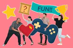 Free photo playful diverse people holding gaming icons