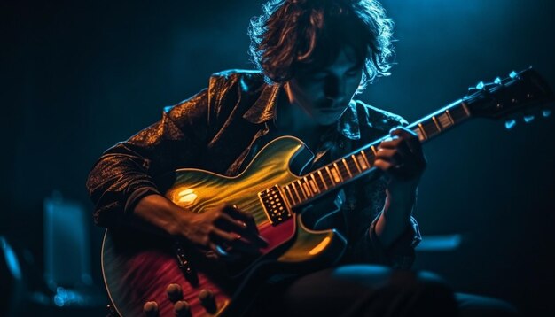 Playing electric guitar on stage generated by AI